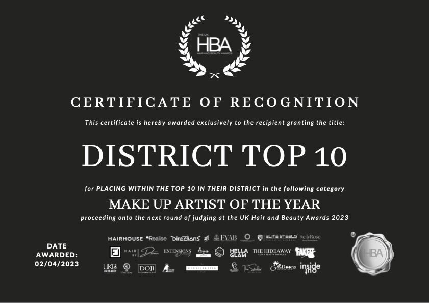 UK Hair and Beauty Awards 2023 District Top 10 certificate for Make Up Artist of the Year