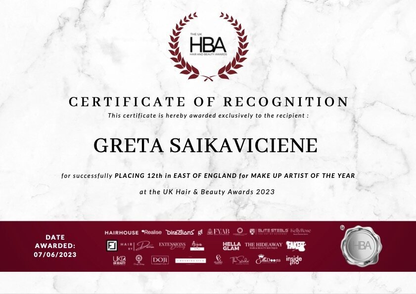 UK Hair and Beauty Awards 2023 certificate, placing 12th in the East of England for Make Up Artist of the Year