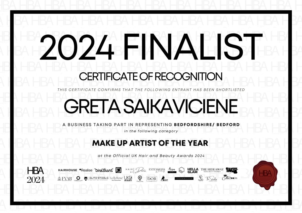 UK Hair and Beauty Awards 2024 finalist certificate, Make Up Artist of the Year, Bedfordshire and Bedford