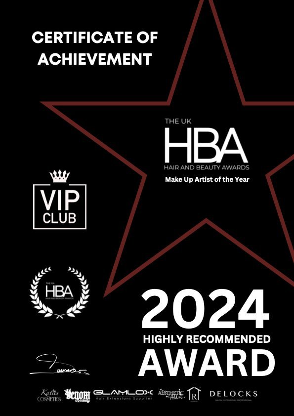 UK Hair and Beauty Awards 2024 Highly Recommended certificate of achievement