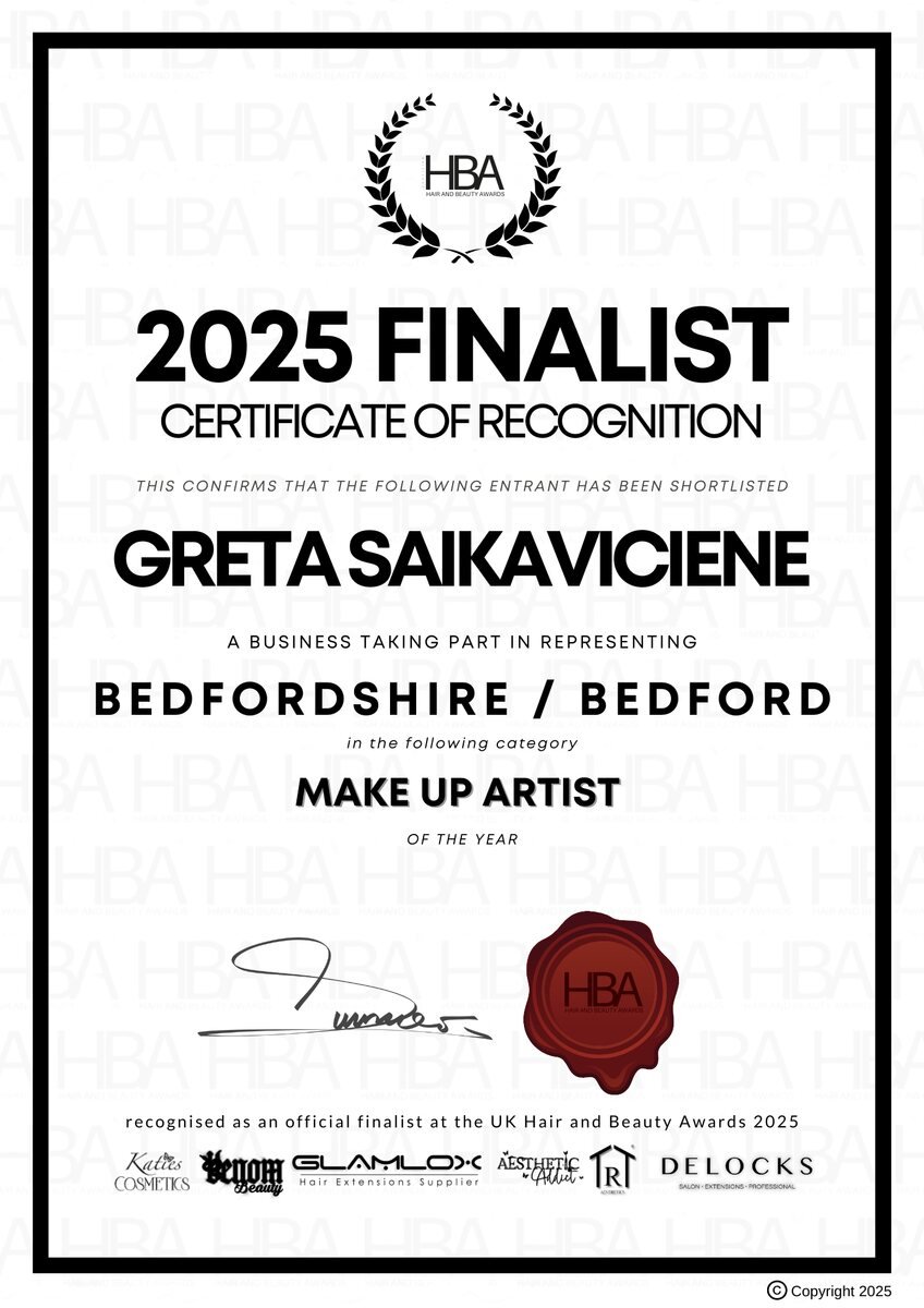 UK Hair and Beauty Awards 2025 finalist certificate for Greta Saikaviciene, Make Up Artist of the Year, Bedfordshire and Bedford