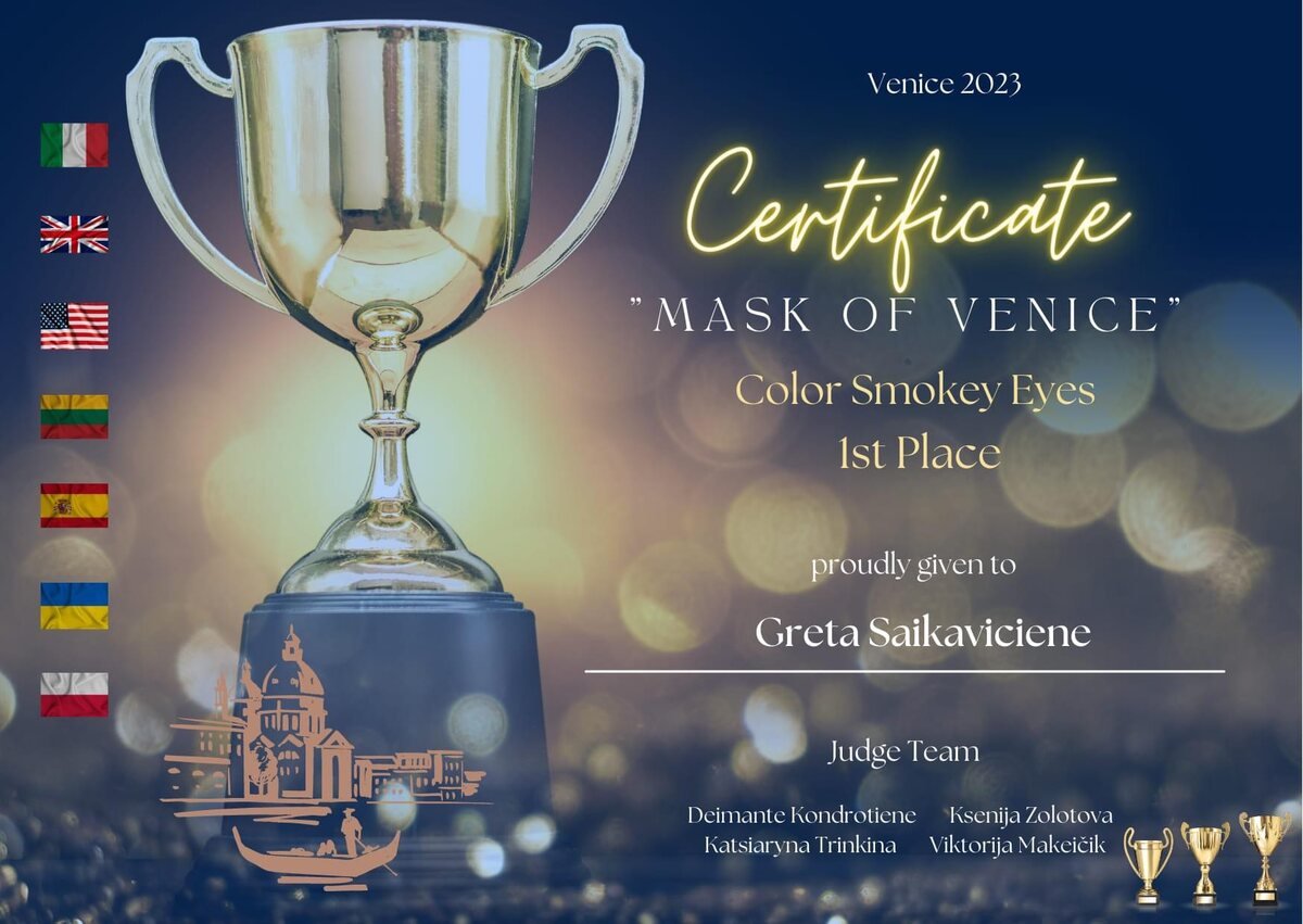 Mask of Venice 2023 certificate, first place in Colour Smokey Eyes, awarded to Greta Saikaviciene