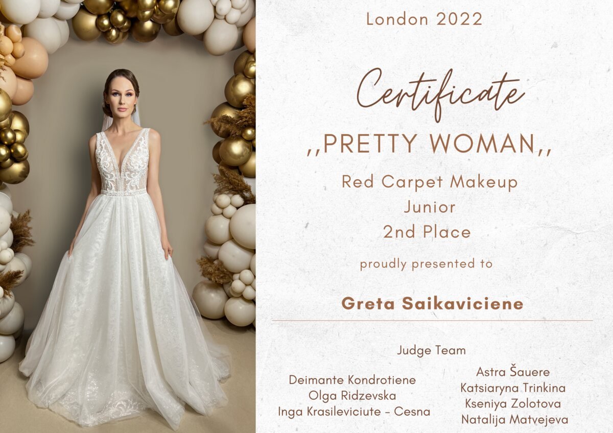 Pretty Woman London 2022 certificate, second place, Red Carpet Makeup, Junior