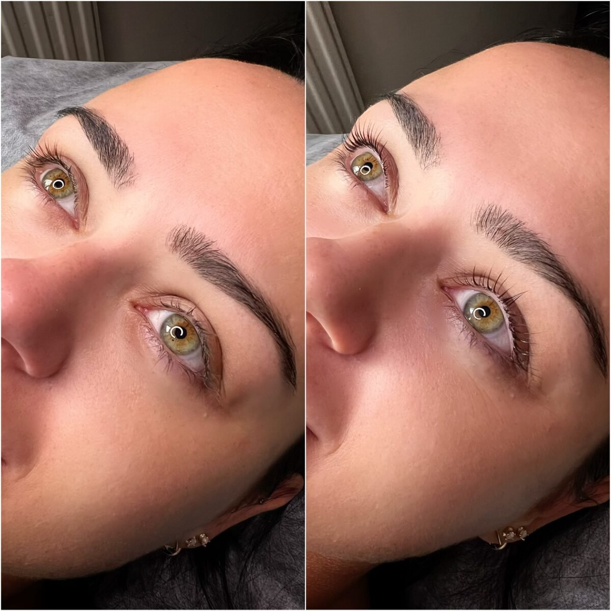 Eyebrow lamination before and after, showing brushed up and defined brows
