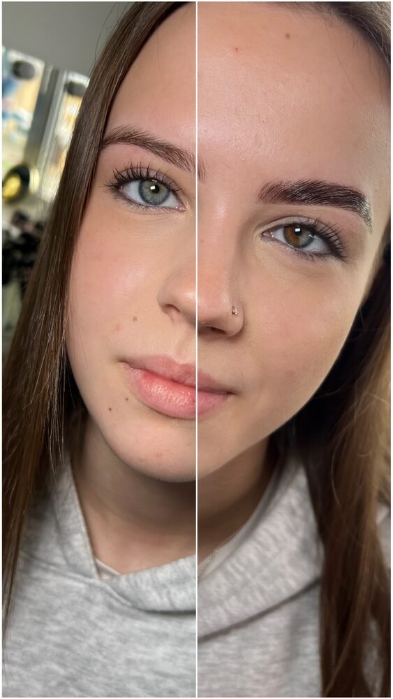 Eyebrow treatment before and after, showing shaped and defined brows
