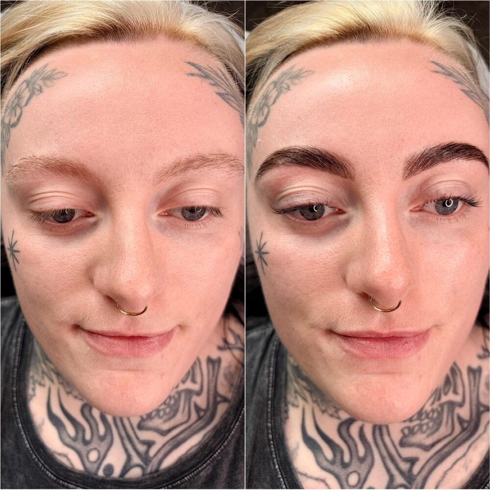 Eyebrow treatment before and after, showing defined arches