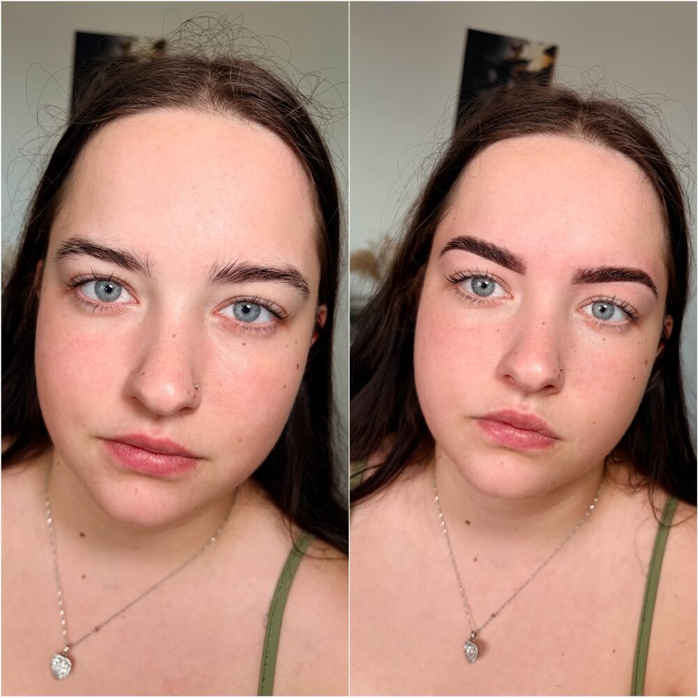 Eyebrow treatment before and after, showing tinted and shaped brows