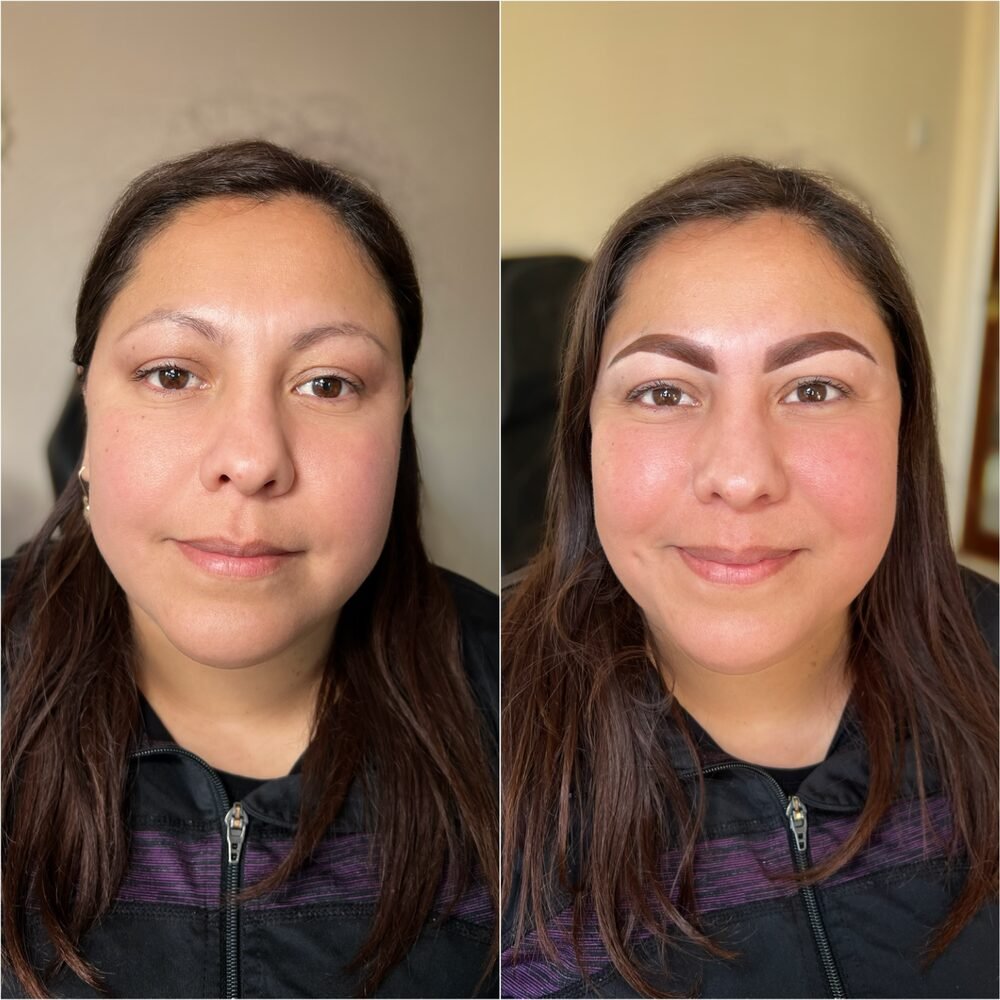 Eyebrow treatment before and after, showing brushed up laminated brows