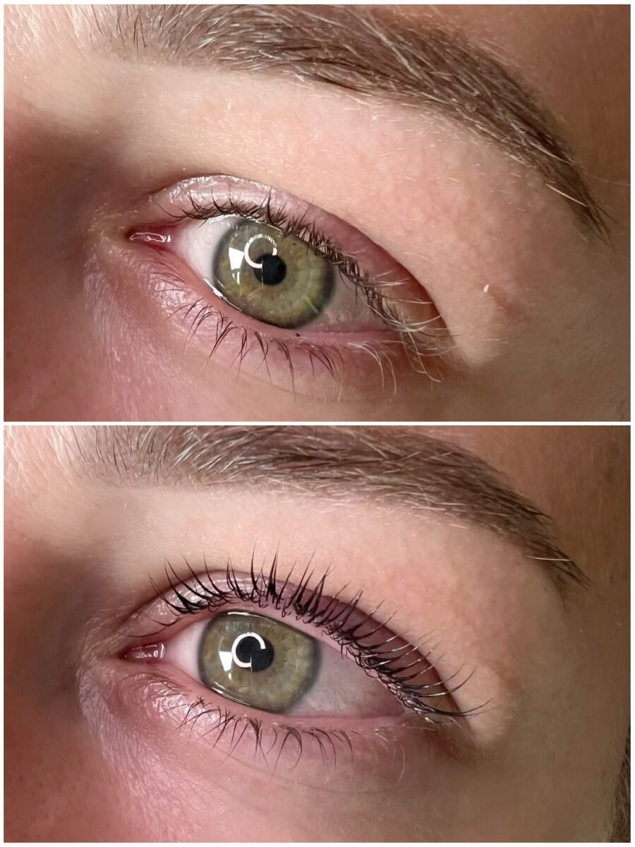 Eyelash lift before and after, showing lifted and darkened natural lashes