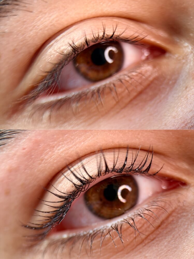 Lash lift before and after, showing lifted and darkened lashes