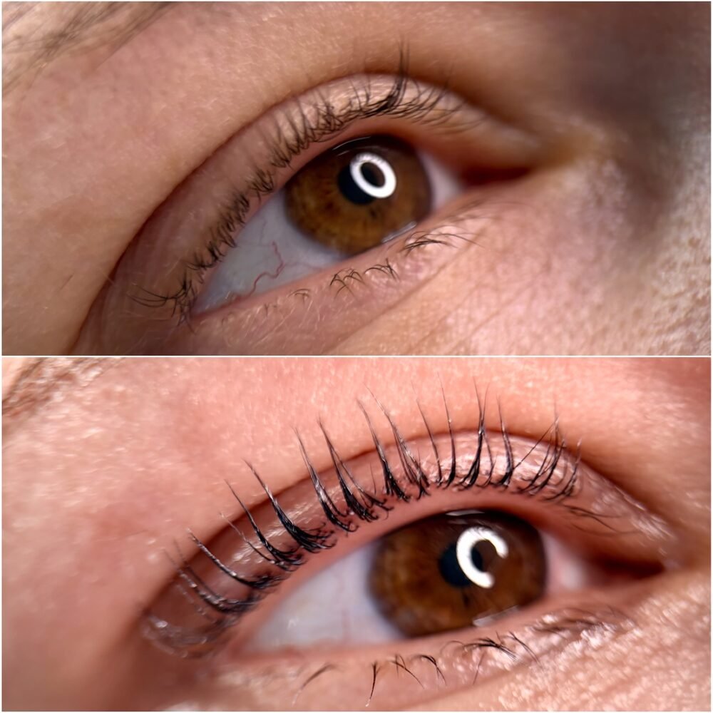 Lash lift before and after on a close up of the eye
