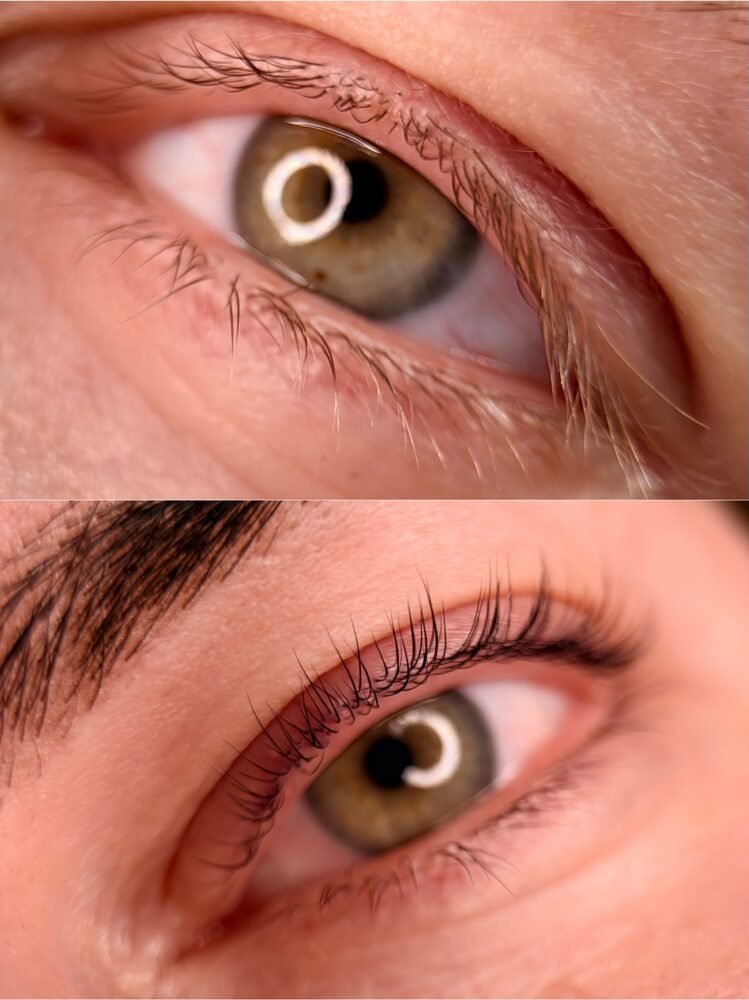 Lash treatment before and after, showing longer looking lashes