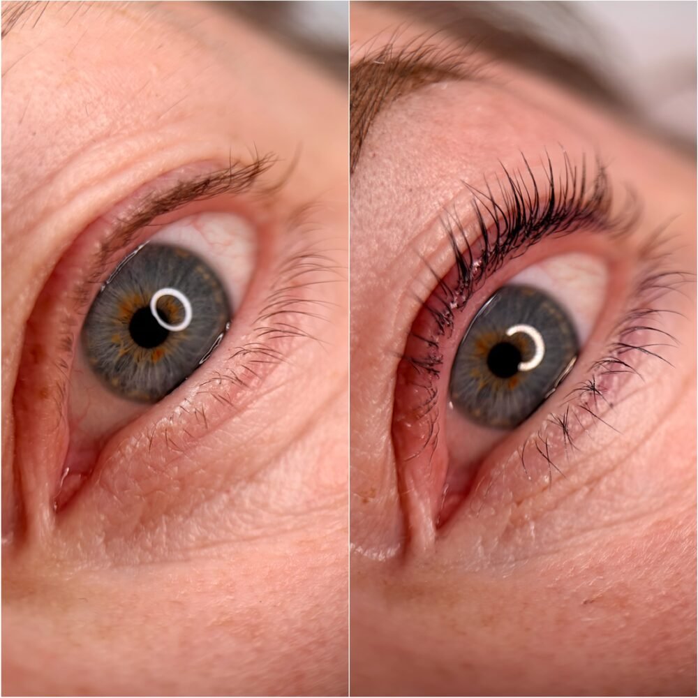 Lash lift and tint before and after on both eyes
