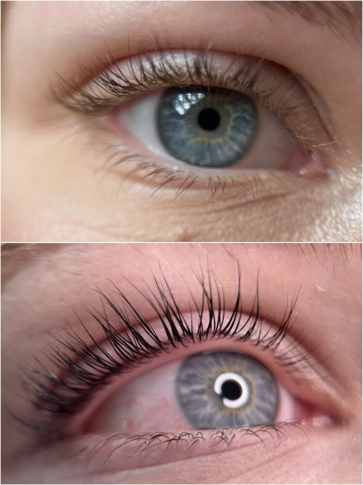 Lash lift before and after, showing curl and definition