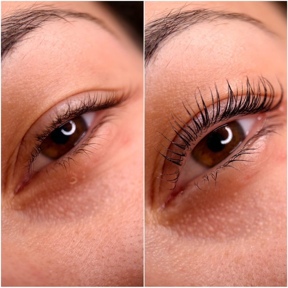 Lash treatment before and after on a close up of the eye