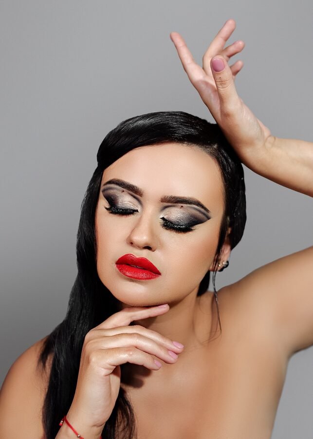 Dramatic winged liner with a soft matte skin finish