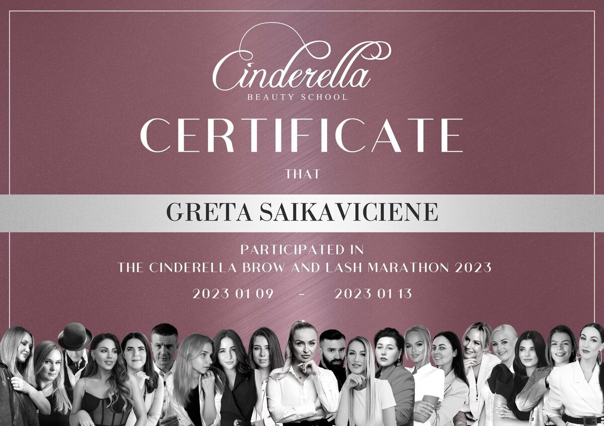 Cinderella Beauty School certificate, Brow and Lash Marathon 2023