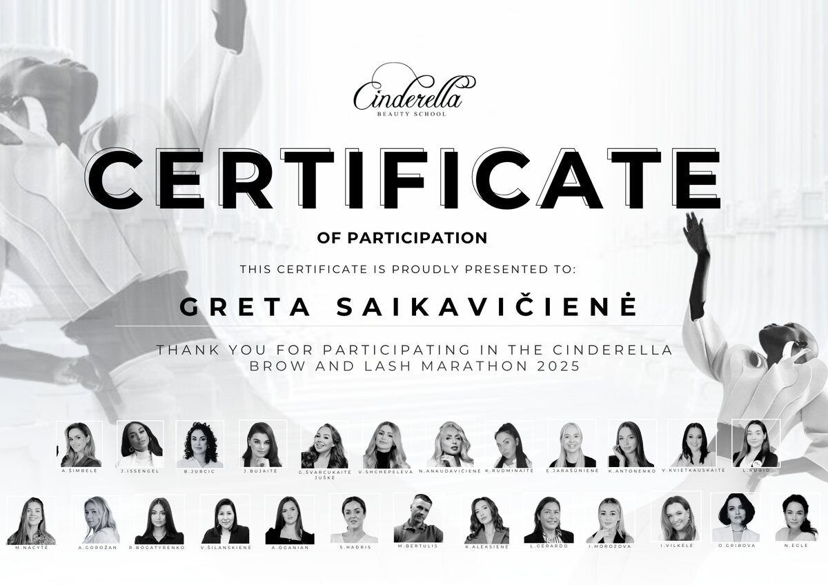 Cinderella Beauty School certificate, Brow and Lash Marathon 2025