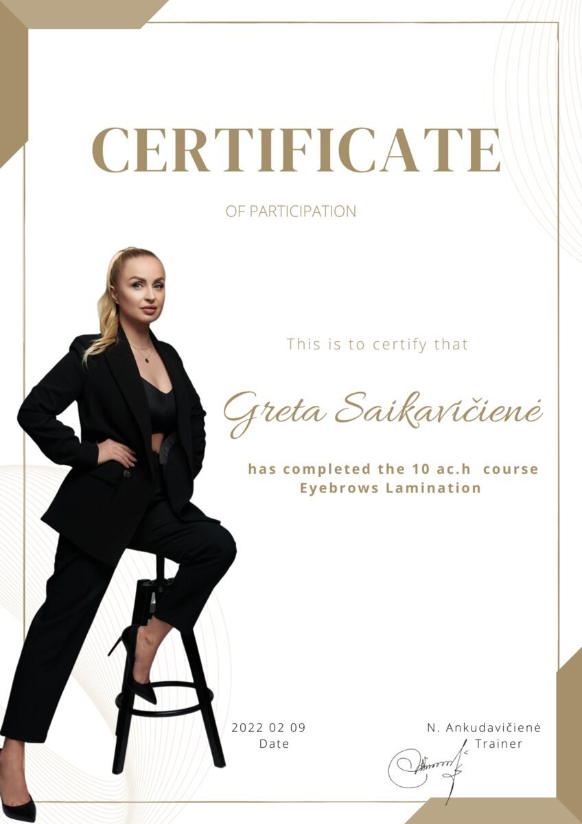 Certificate for completing the ten hour Eyebrow Lamination course