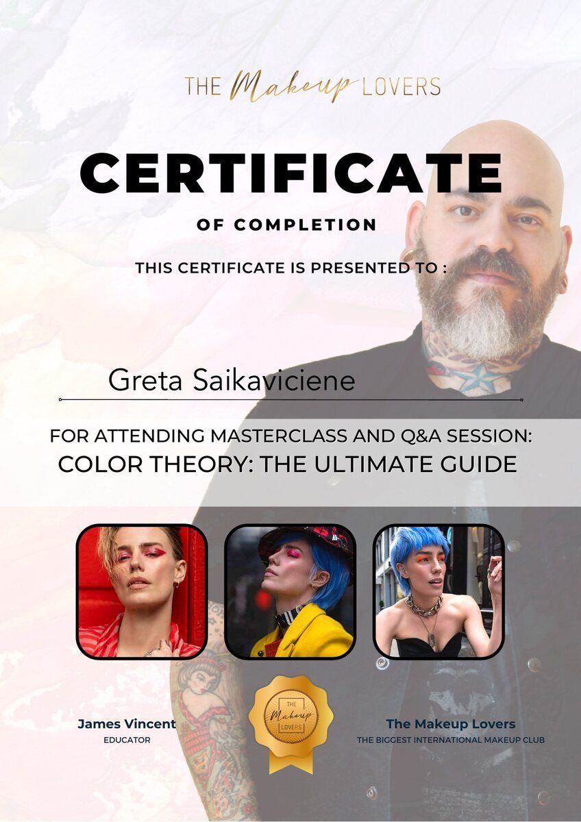 Certificate of completion for Greta Saikaviciene, James Vincent colour theory masterclass with The Makeup Lovers